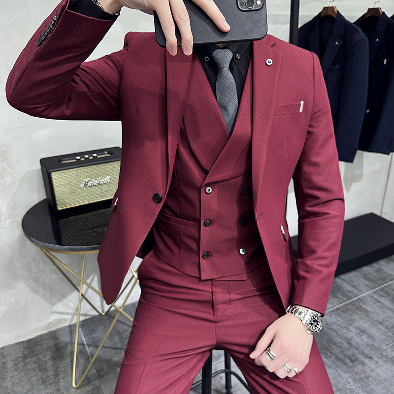 Men's Wine Red Three-piece Dustproof Suit Cover Slim Fit Suit