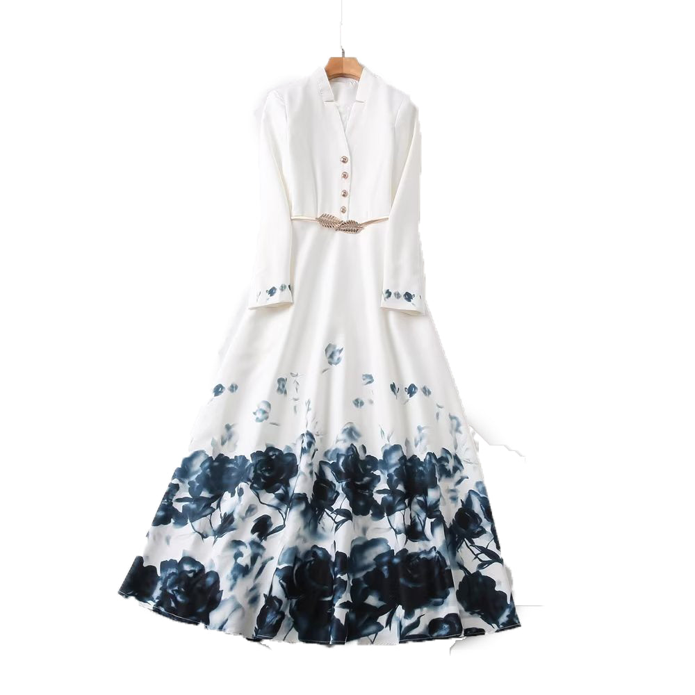 White Ink Wash Print Big Swing V-neck Long Sleeve Dress