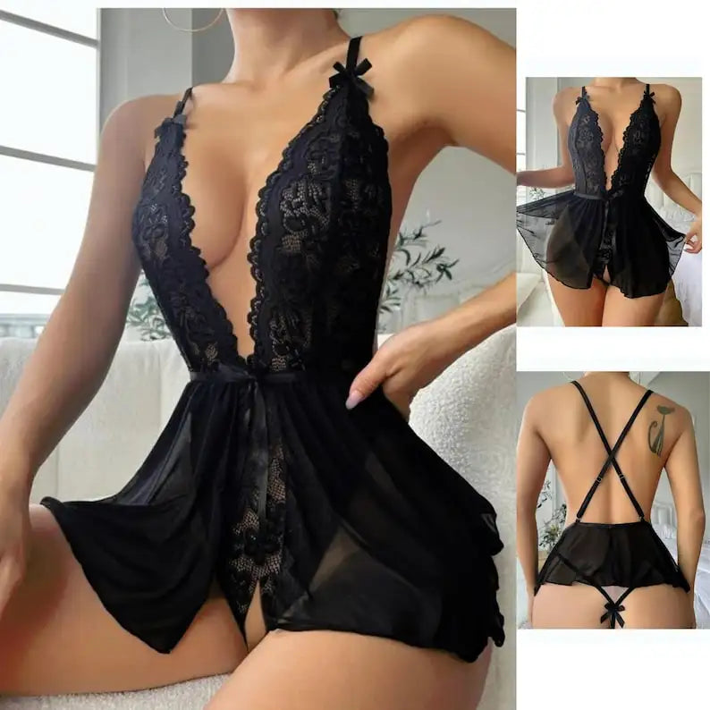 Seductive Noir: Elegant Open-Area Black Nightgown