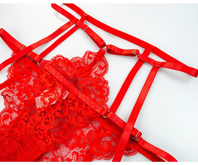 Fiery Seduction Trio: Red Sling Bra, Thong, & Garter Set