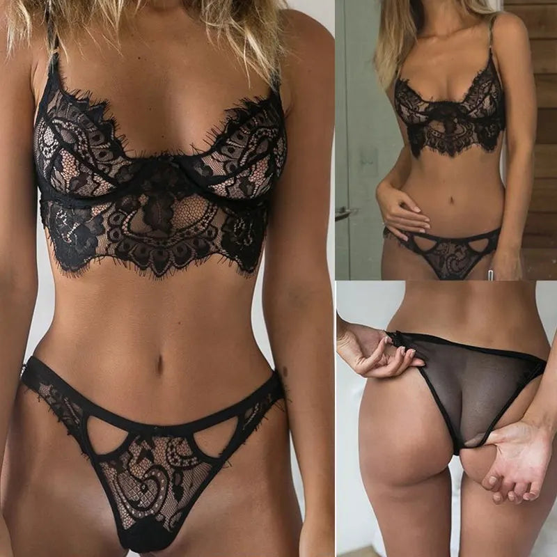 Seductive Black Lace Bodysuit Set