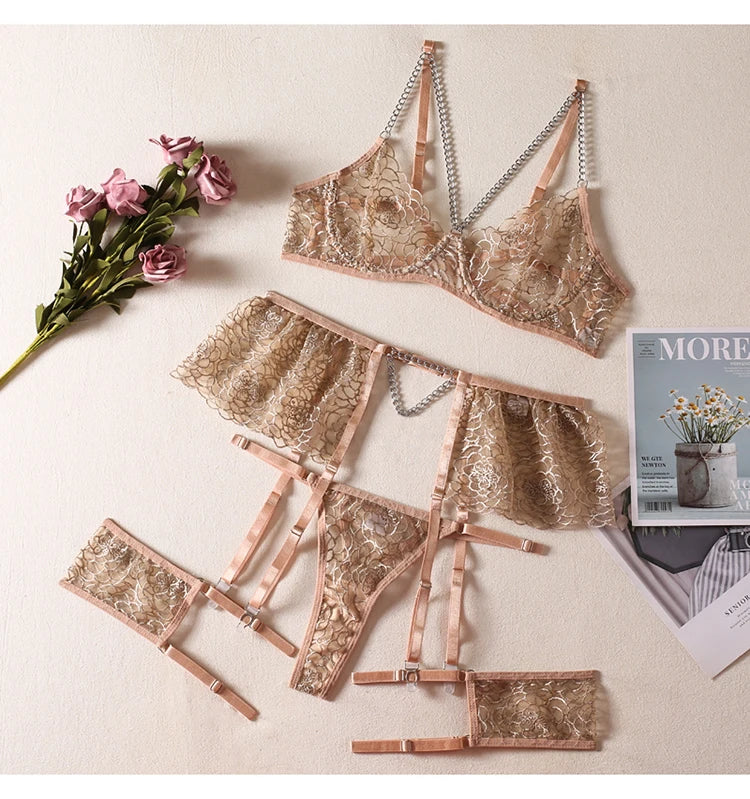 Felinus Elegance: 4-Piece Embroidery Lingerie Set