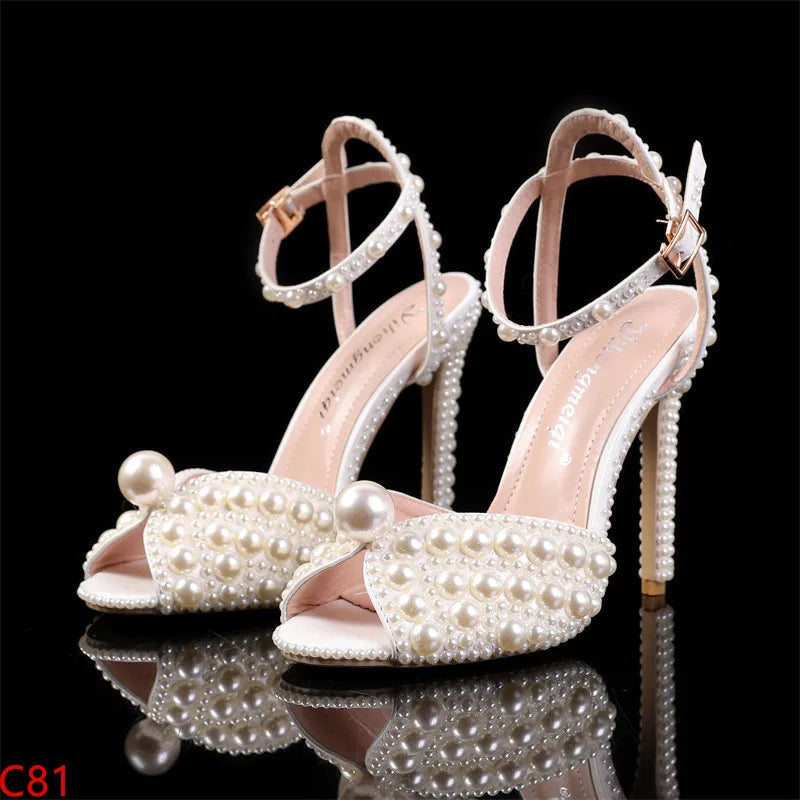 Luxury Pearls & Studs Peep Toe Wedding Sandals with High Heels