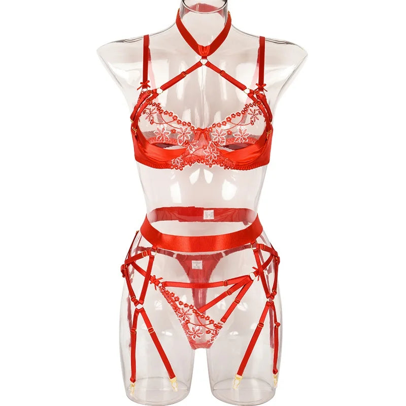 Lace Temptation Quartet: Halter Bra, See-Through Panties, and Garter Set