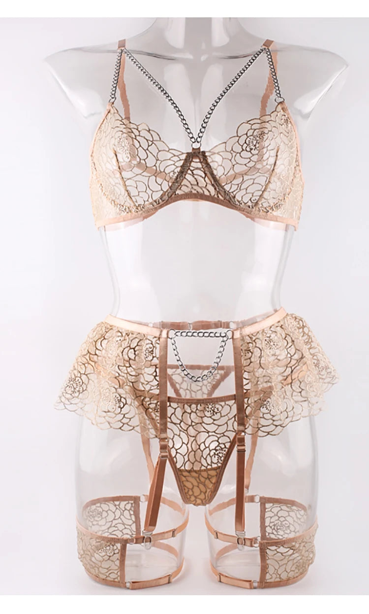 Felinus Elegance: 4-Piece Embroidery Lingerie Set