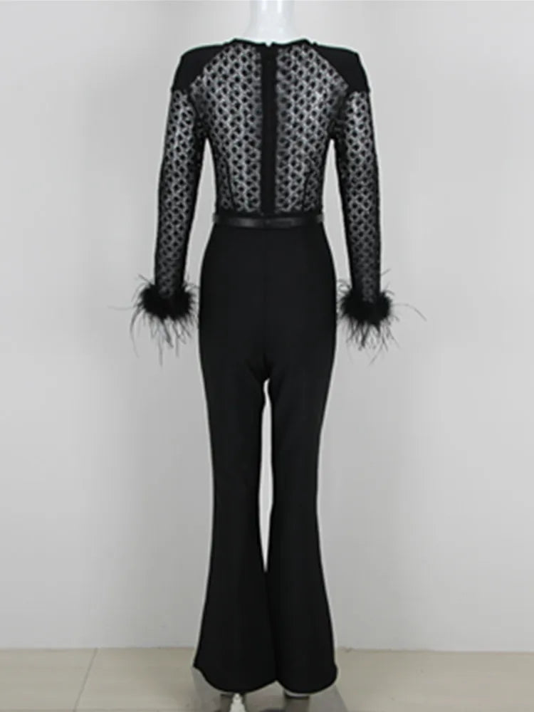 Noir Elegance Sequin Feather Jumpsuit