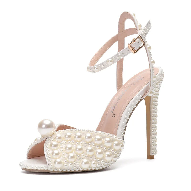 Luxury Pearls & Studs Peep Toe Wedding Sandals with High Heels