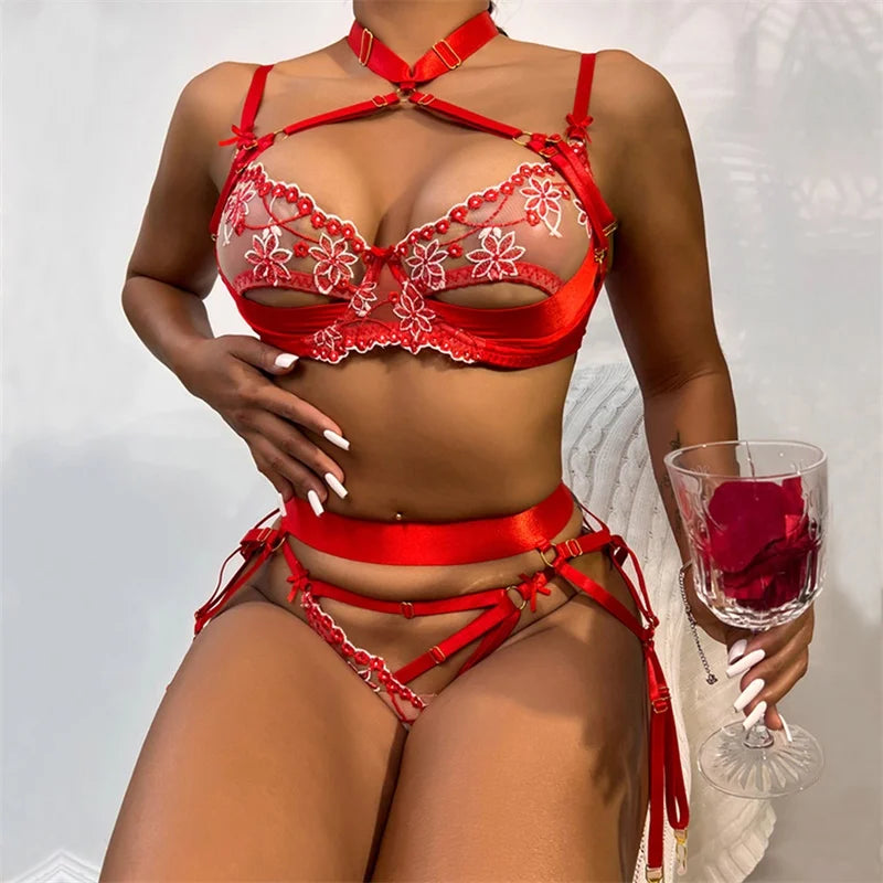 Lace Temptation Quartet: Halter Bra, See-Through Panties, and Garter Set