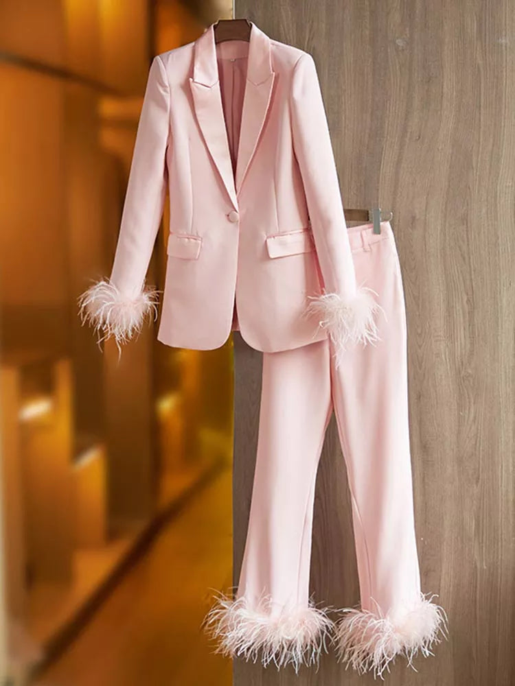 Runway-Inspired Feather Embellished Women's Suit Set