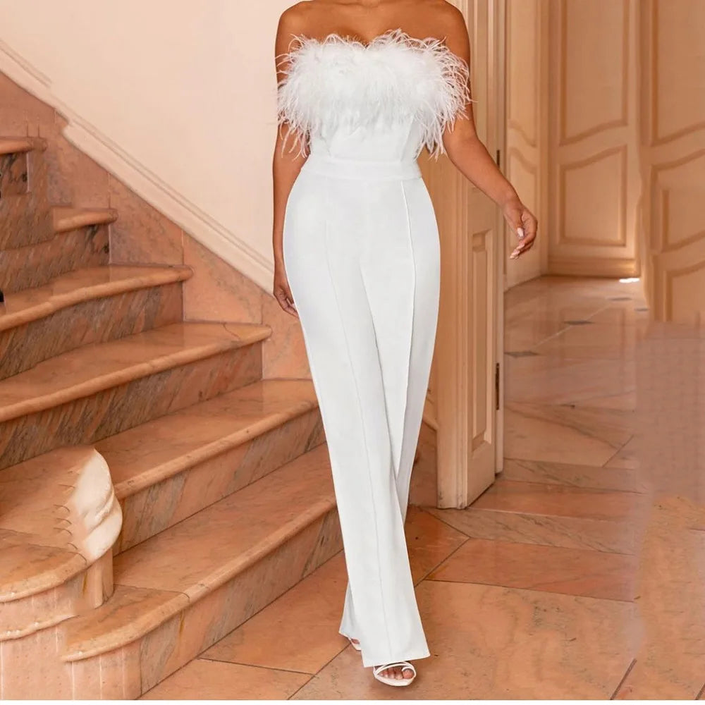 Feathered Elegance Shoulder-Bare Jumpsuit