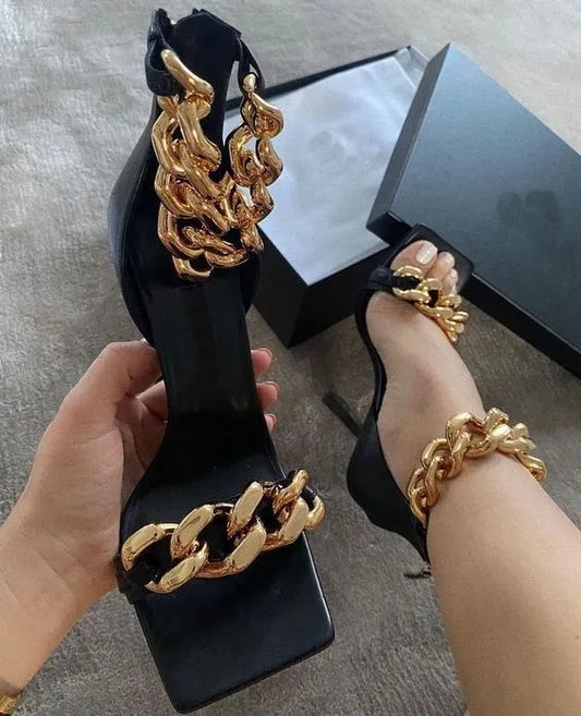 Square Toe Chain Design High Heel Sandals