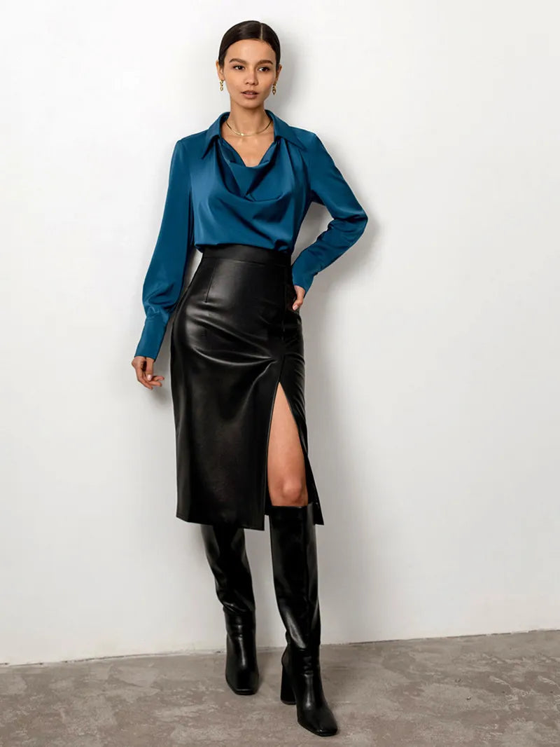 Chic Noir Elegance: 2022 Autumn Winter Midi Leather Pencil Skirt