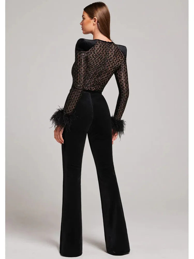 Noir Elegance Sequin Feather Jumpsuit