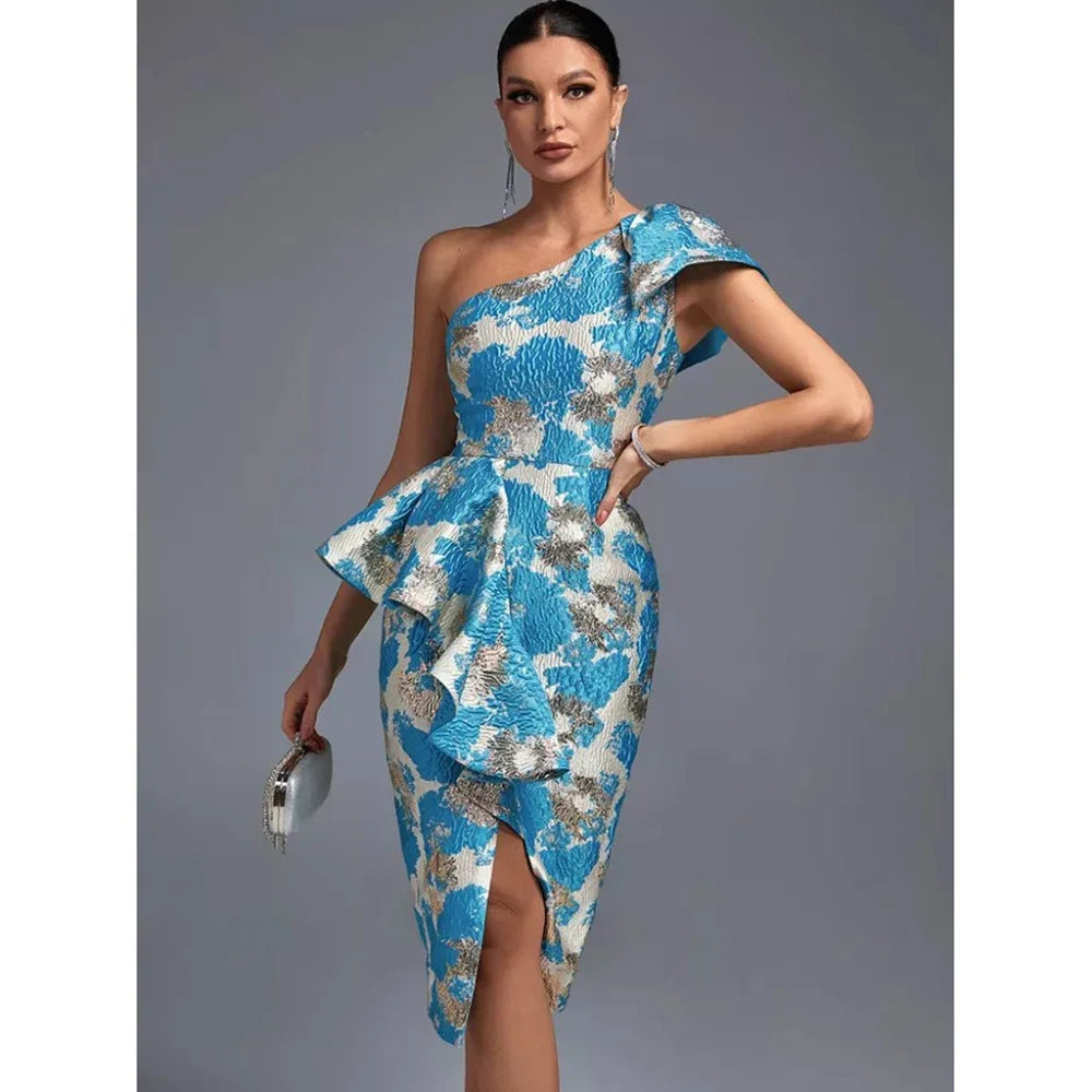 Azure Bliss Jacquard Ruffle Dress