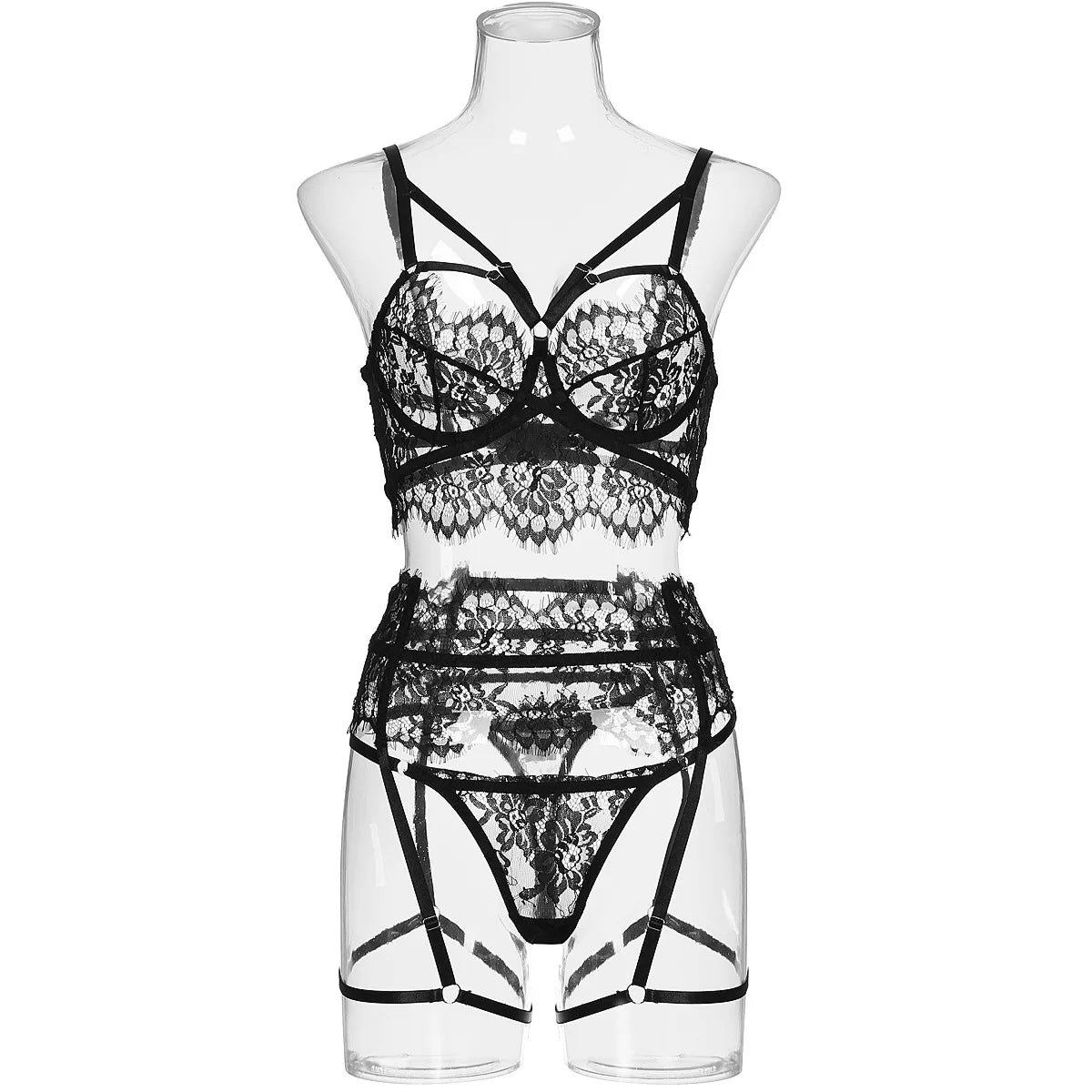 Sensual Noir Lace Set: Push-Up Bra, Garter Belt, & Briefs