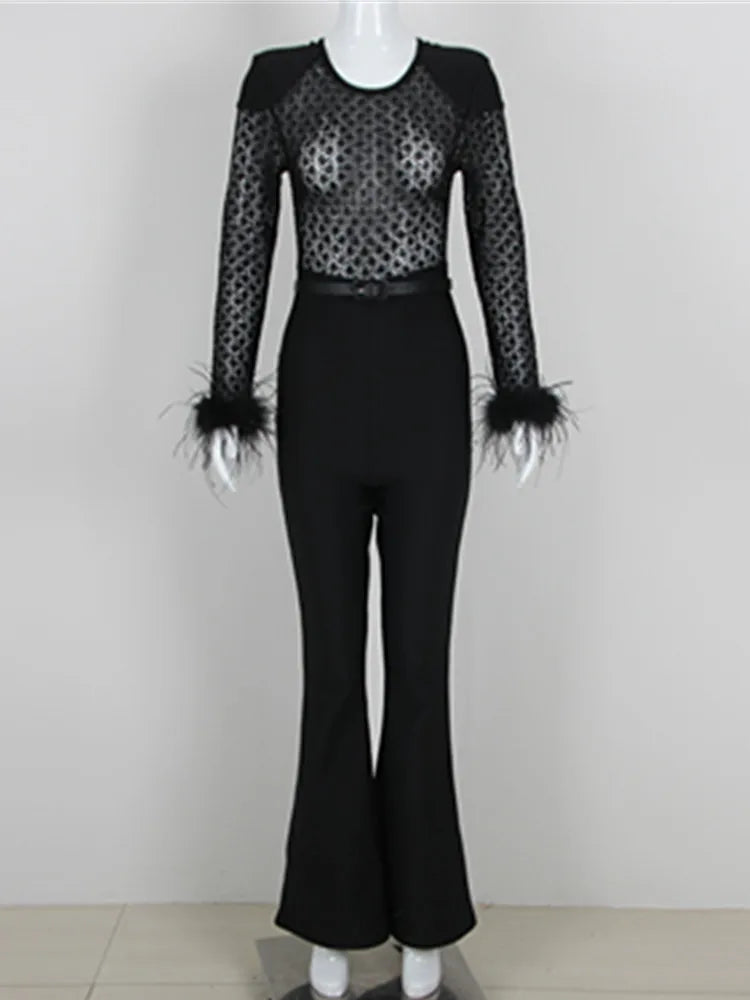 Noir Elegance Sequin Feather Jumpsuit