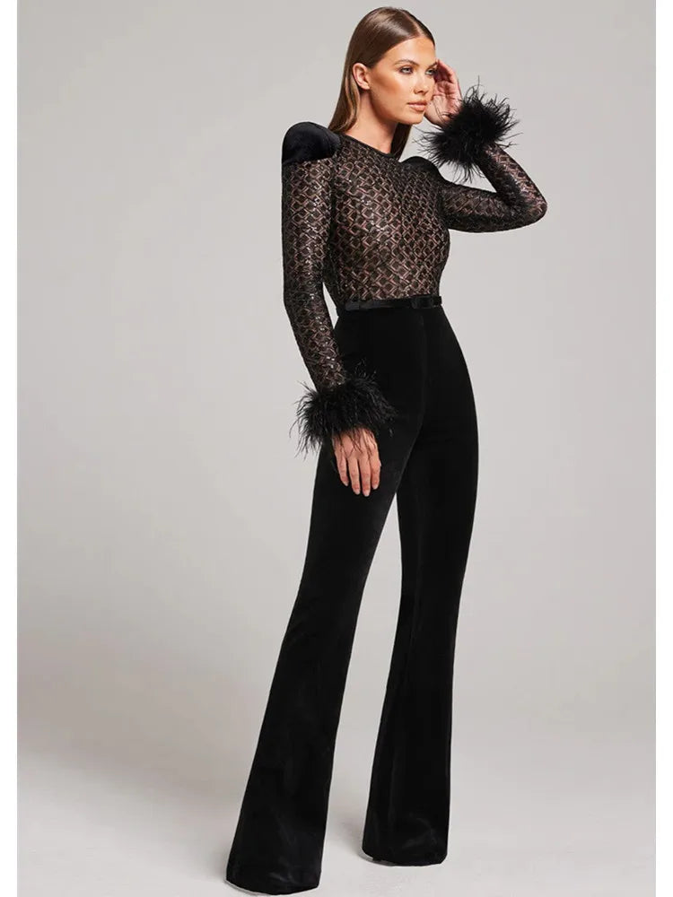 Noir Elegance Sequin Feather Jumpsuit