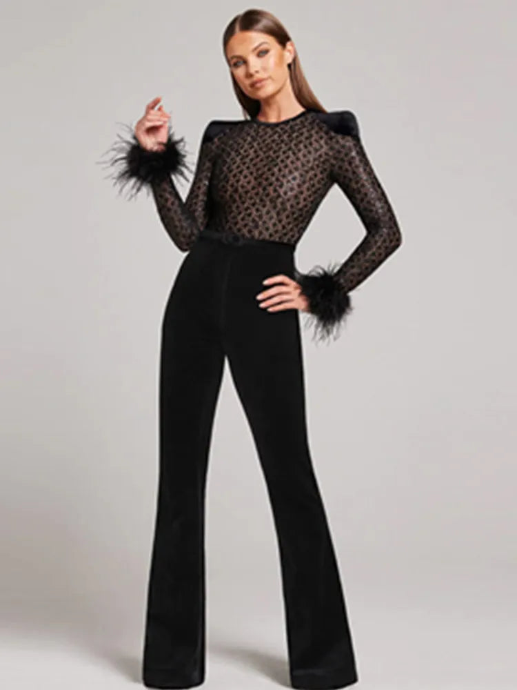 Noir Elegance Sequin Feather Jumpsuit