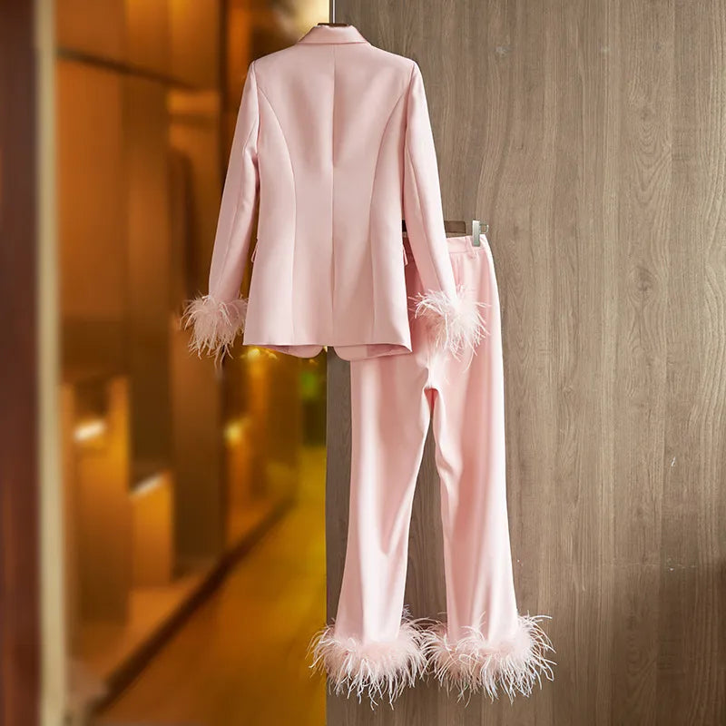 Runway-Inspired Feather Embellished Women's Suit Set