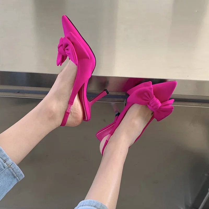 Bow-Knot Pointed Toe Slingback Heeled Sandals