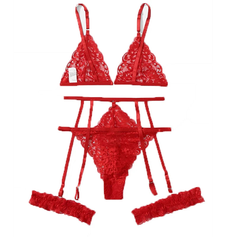 Fiery Seduction Trio: Red Sling Bra, Thong, & Garter Set