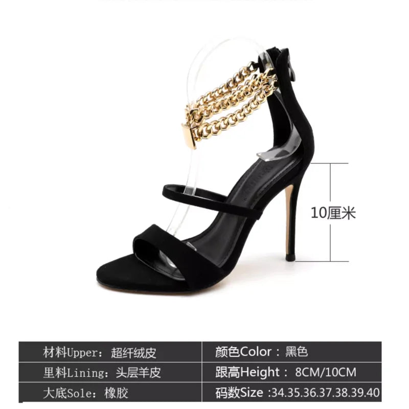 Round Toe Chain Strap Suede Sandals