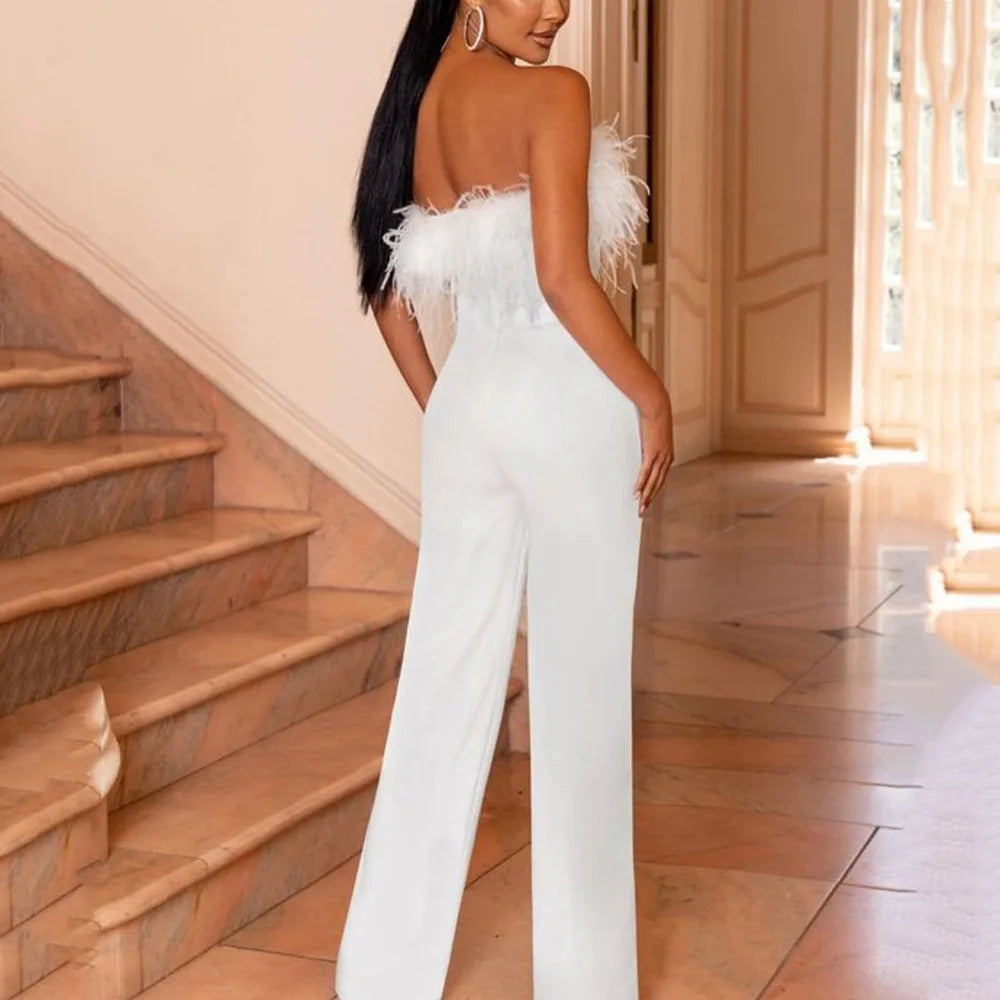 Feathered Elegance Shoulder-Bare Jumpsuit