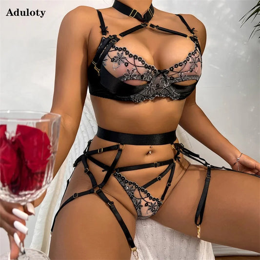 Lace Temptation Quartet: Halter Bra, See-Through Panties, and Garter Set