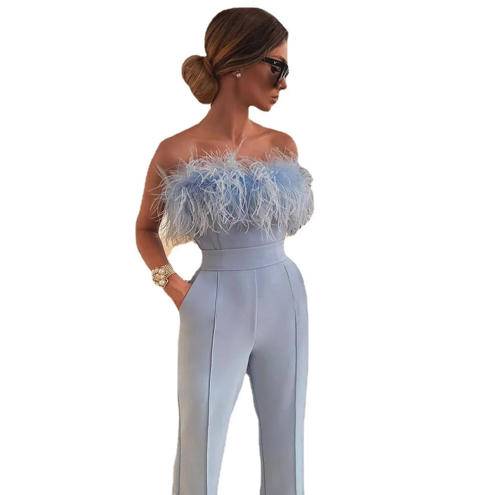 Feathered Elegance Shoulder-Bare Jumpsuit