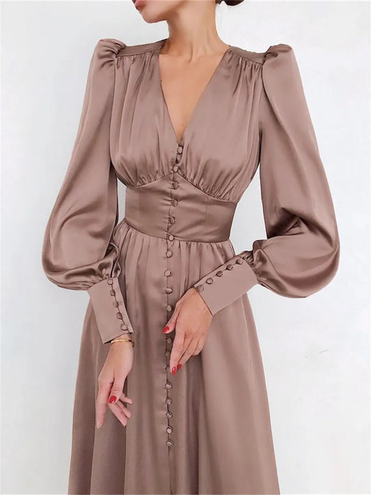 Satin Elegance: A-Line Lantern Sleeve Midi Dress