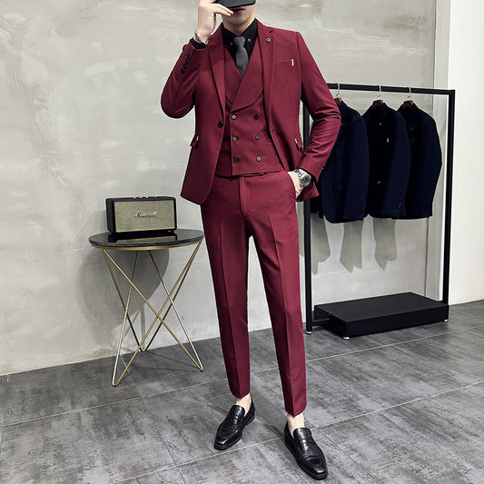 Men's Wine Red Three-piece Dustproof Suit Cover Slim Fit Suit